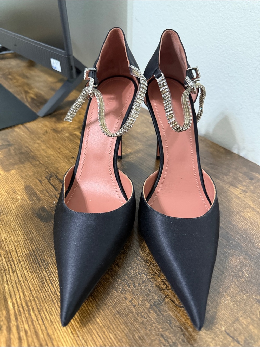 Amina Muaddi Black Satin Pointed Pumps with Crystal Anklet